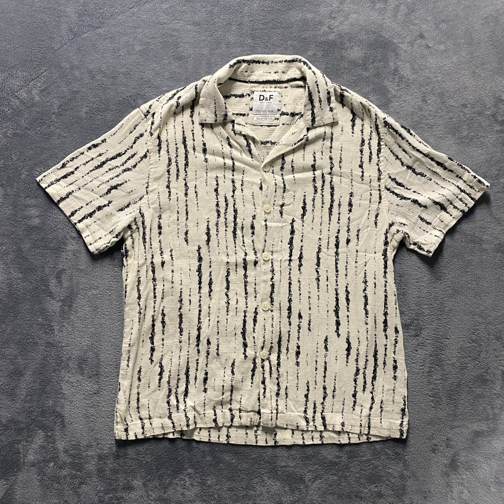 Denim & Flower Button Down Shirt Mens Small Cream Black Excellent Relaxed Fit